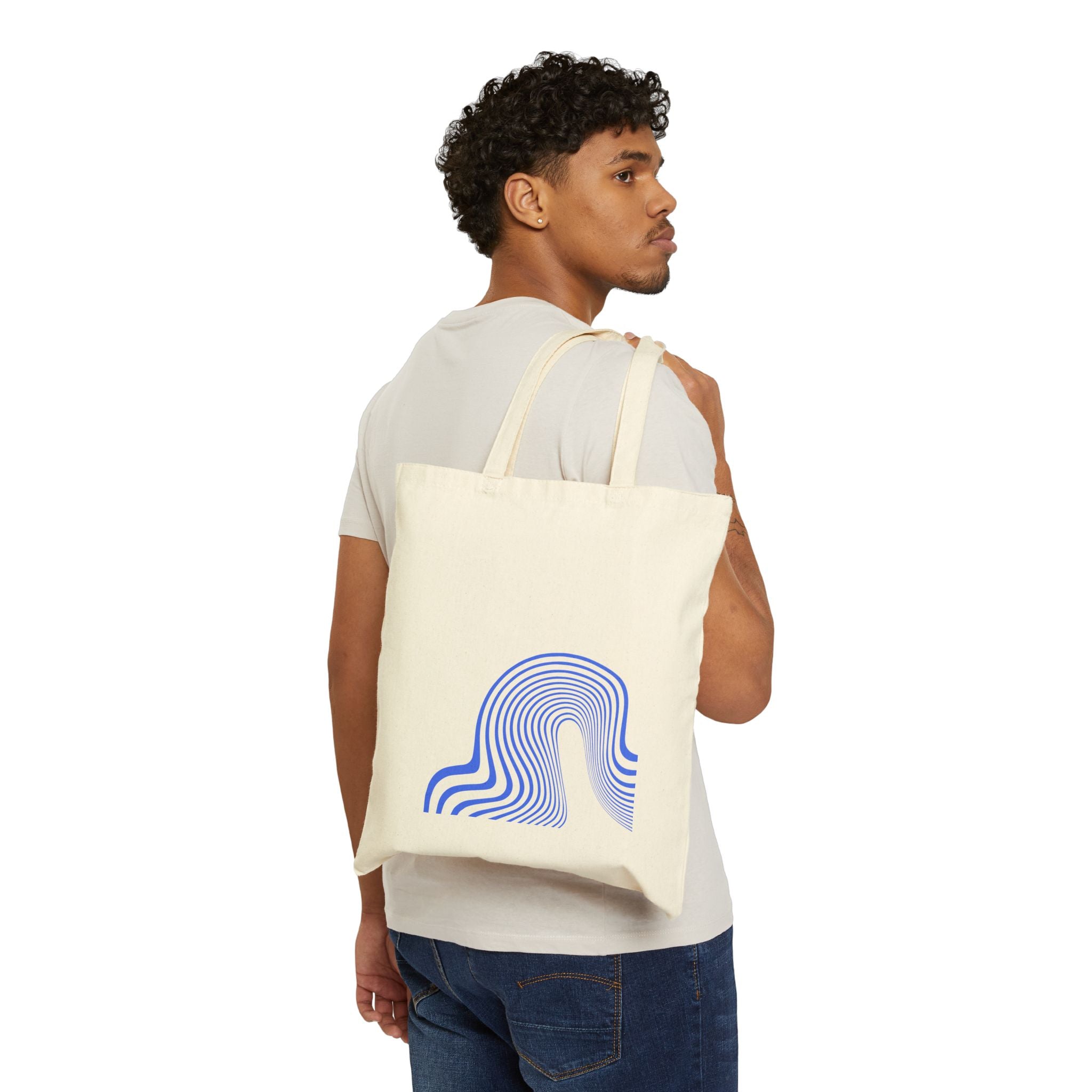 Abstract Wave Canvas Tote Bag — Minimal Blue Line Art Cotton Shopper