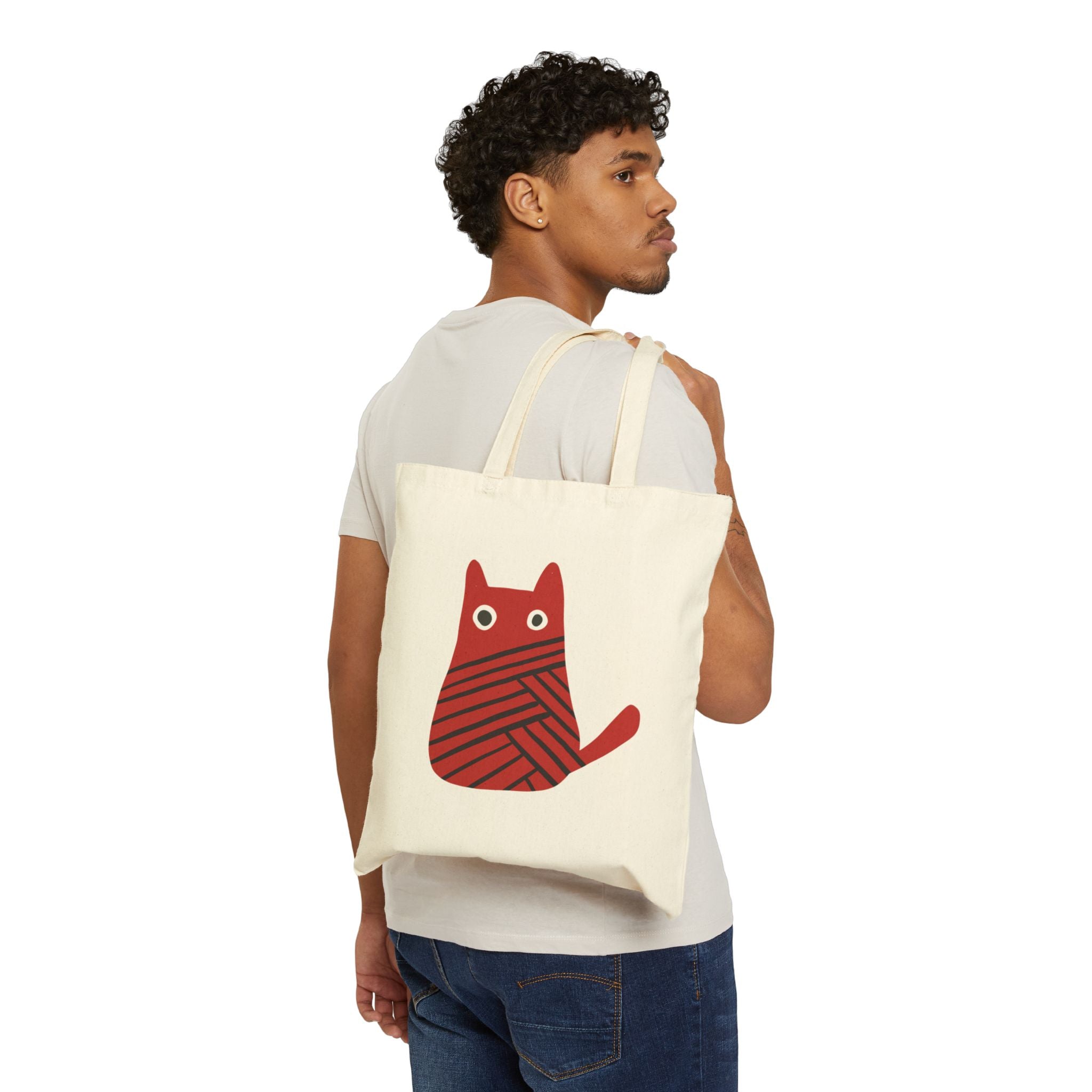 Red Yarn Cat Tote Bag – Cute Cat Illustration Cotton Canvas Tote