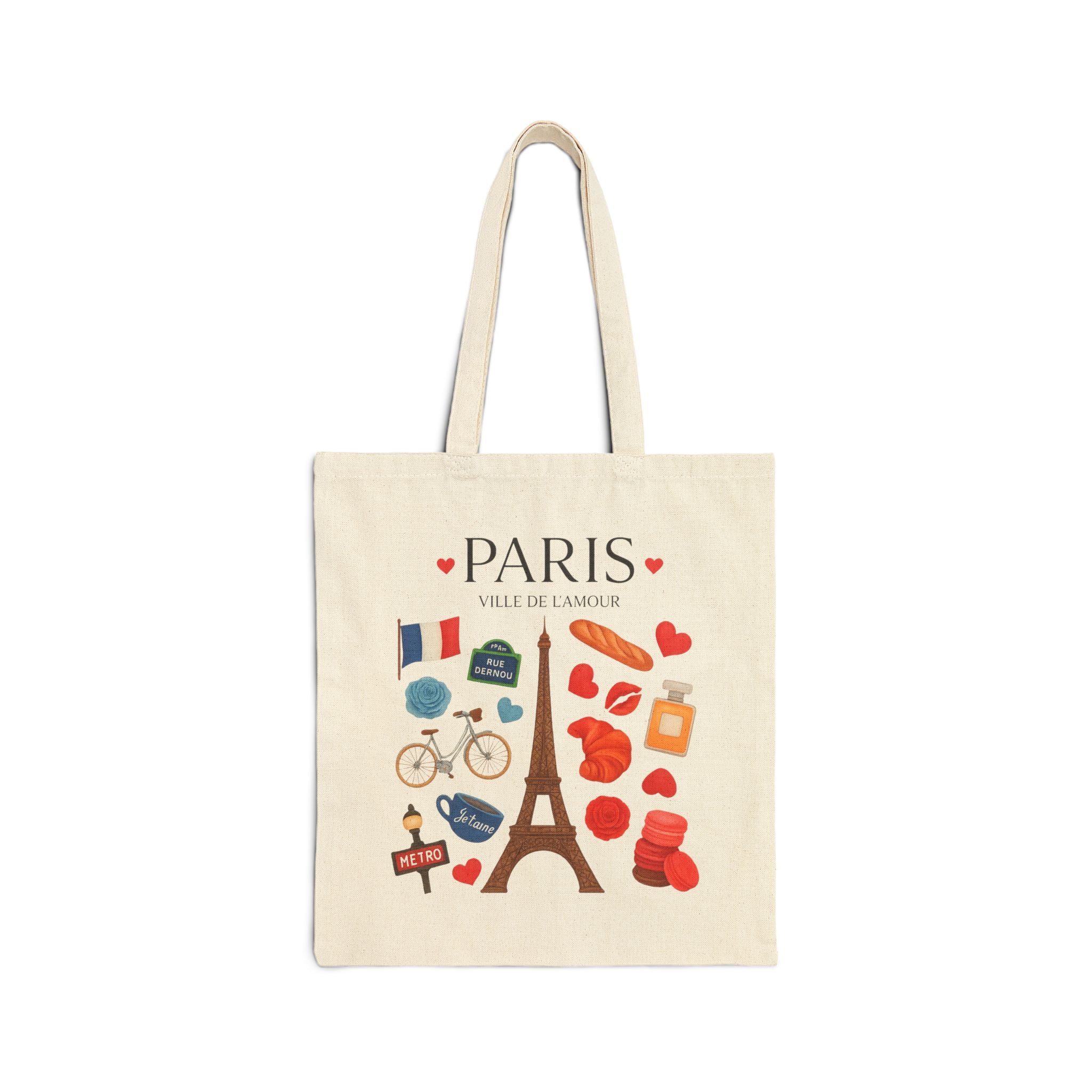 Paris Icons Canvas Tote Bag — Eiffel Tower, Baguette & Macaron Travel Market Bag