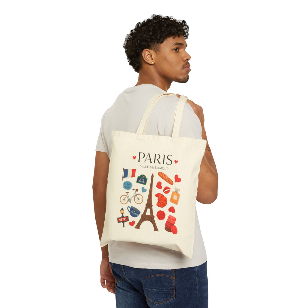 Paris Icons Canvas Tote Bag — Eiffel Tower, Baguette & Macaron Travel Market Bag