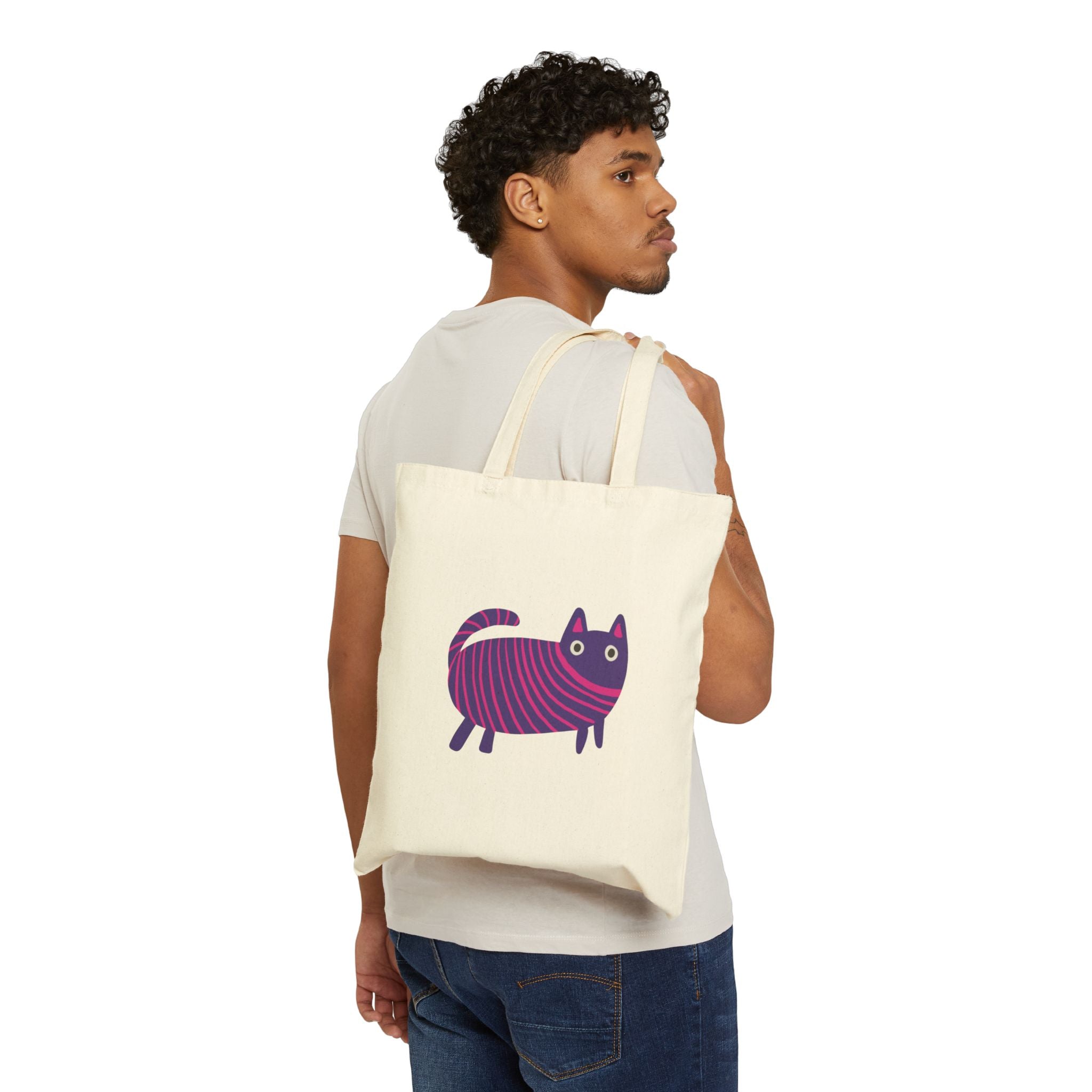 Purple Yarn Cat Cotton Canvas Tote Bag