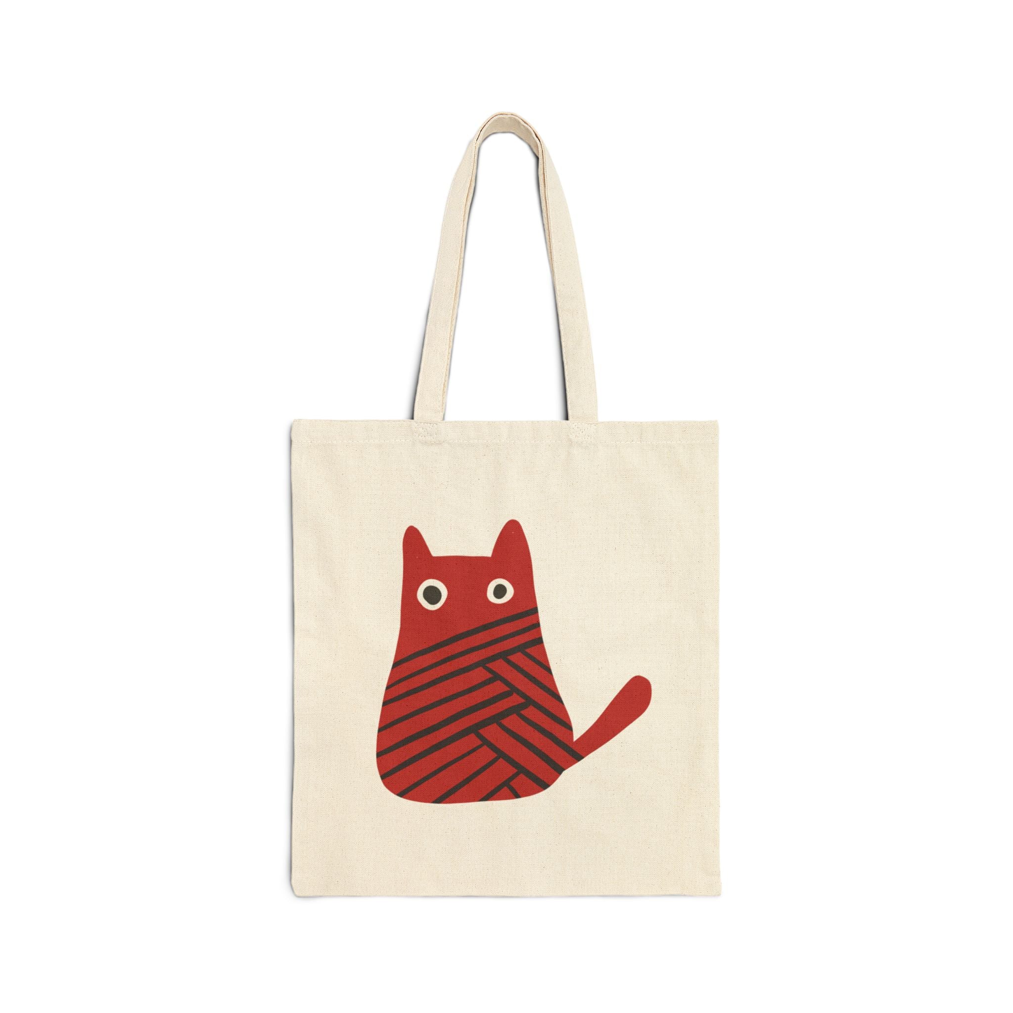 Red Yarn Cat Tote Bag – Cute Cat Illustration Cotton Canvas Tote